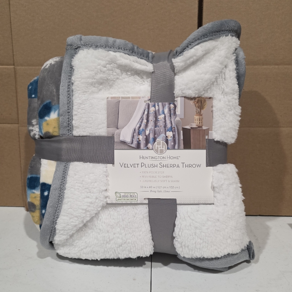 Huntington Home Velvet Plush Sherpa Throw - White, Gray, and Blue Gnomes